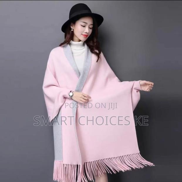Plain Double Sided Long Sleeve Ponchos Shawls With Tassels - thumbnail 6