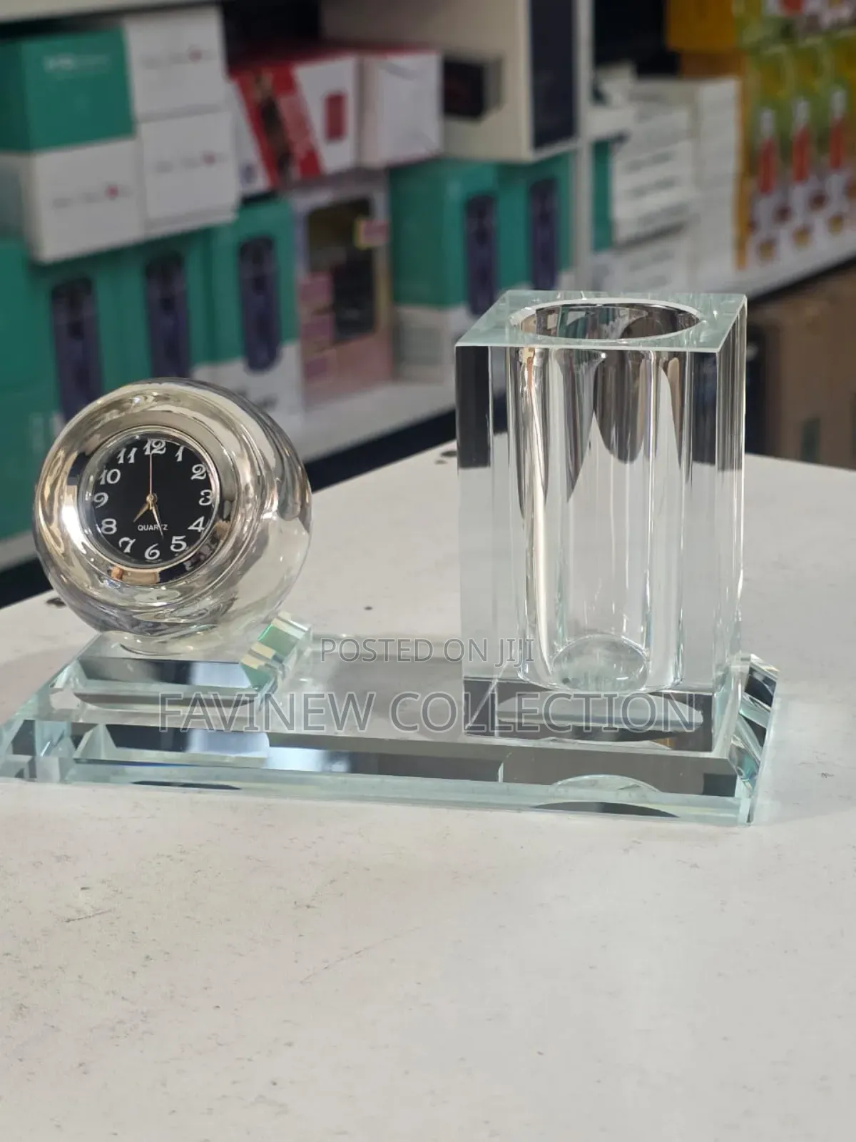 Crystal Glass Desktop Clock Pen Holder Set