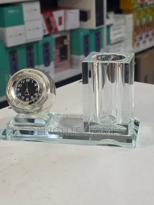 Crystal Glass Desktop Clock Pen Holder Set-Tt