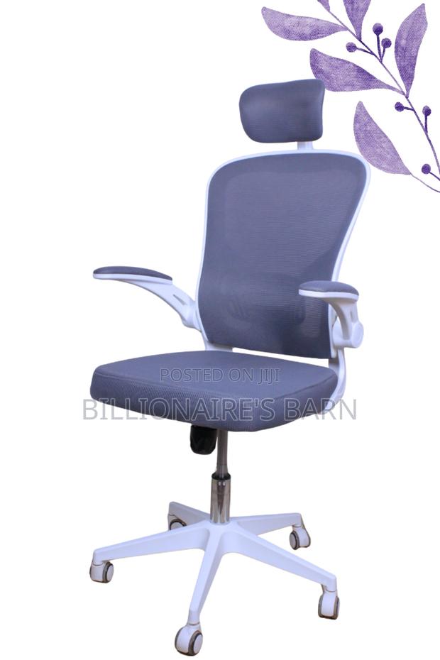 Office Chairs;. White Adjustable Mesh Chair With Headrest; - thumbnail 2