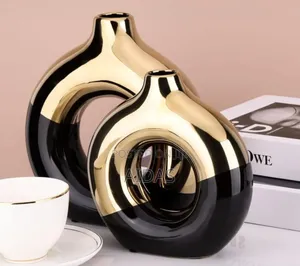 Modern Black Gold Decorative Ceramic Vases (Set Of