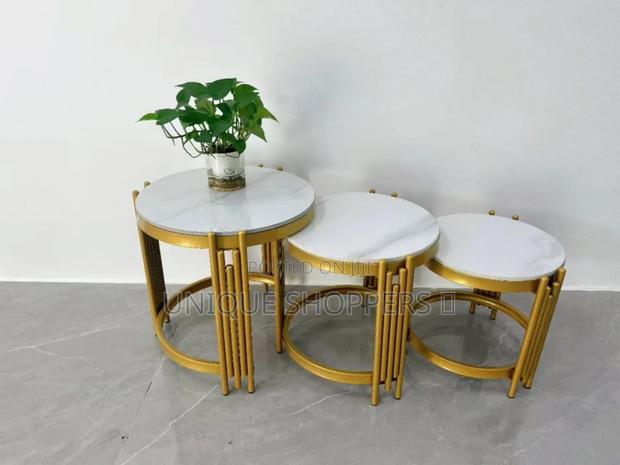 3pc Round Marble Nesting Tables in Golden Stands