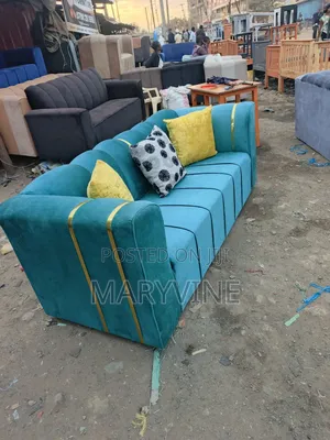 Green 3seater Sofa With Gold+Throw Pillows