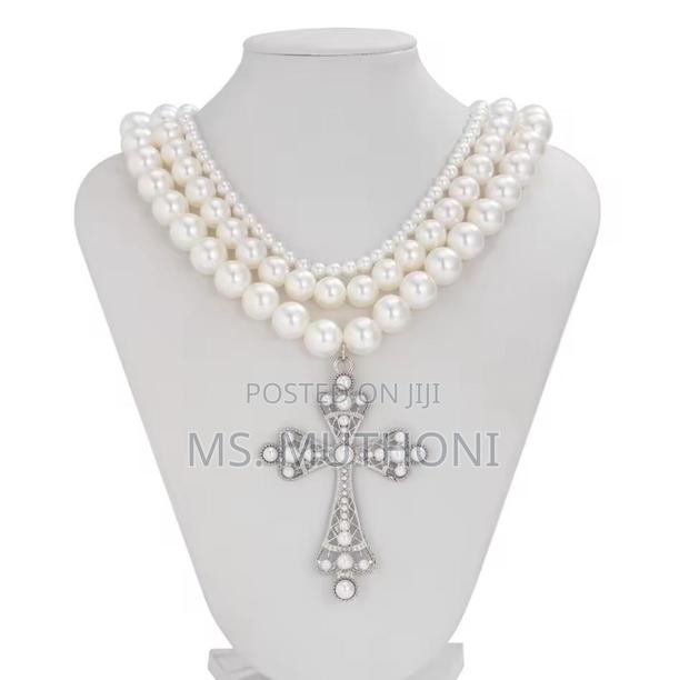 White Cross Pendants Multilayed Pearl Necklaces - thumbnail 4