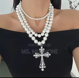 White Cross Pendants Multilayed Pearl Necklaces