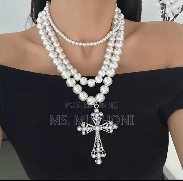 White Cross Pendants Multilayed Pearl Necklaces - thumbnail 3