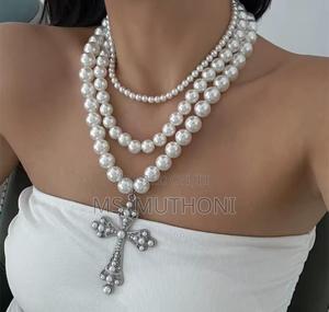 White Cross Pendants Multilayed Pearl Necklaces - thumbnail 2