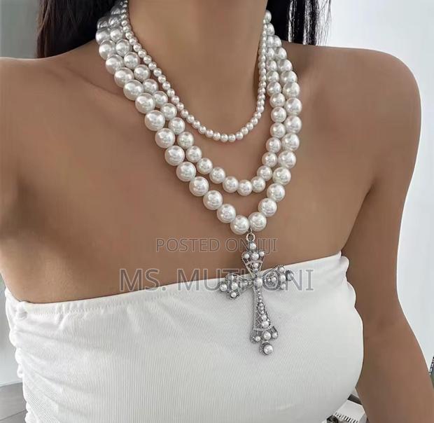 White Cross Pendants Multilayed Pearl Necklaces - thumbnail 5