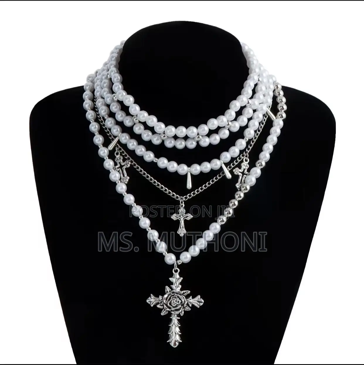 Ladies White Cross Pendants Multilayed Pearl Necklace