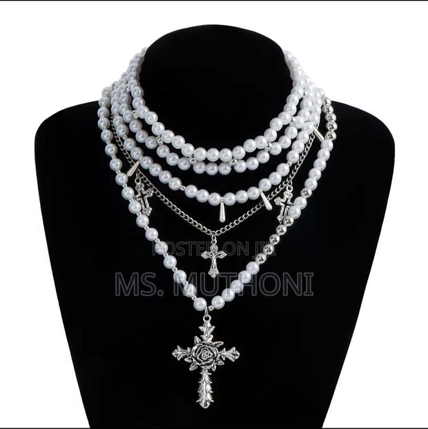 Ladies White Cross Pendants Multilayed Pearl Necklace - main view