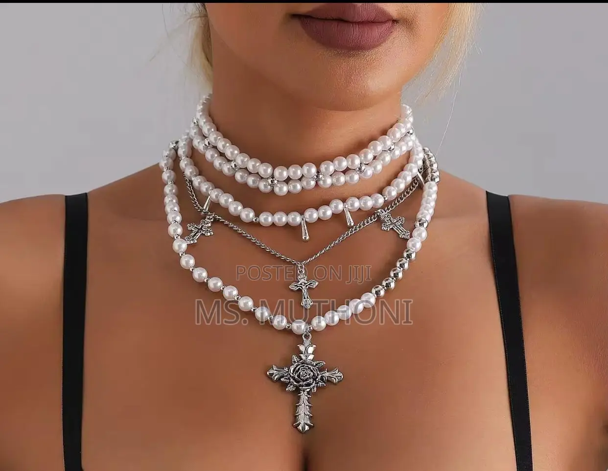 Ladies White Cross Pendants Multilayed Pearl Necklace