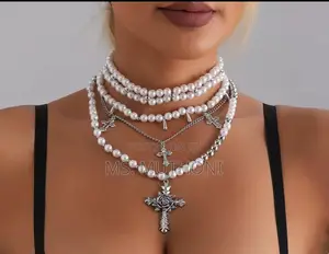 Ladies White Cross Pendants Multilayed Pearl Necklace