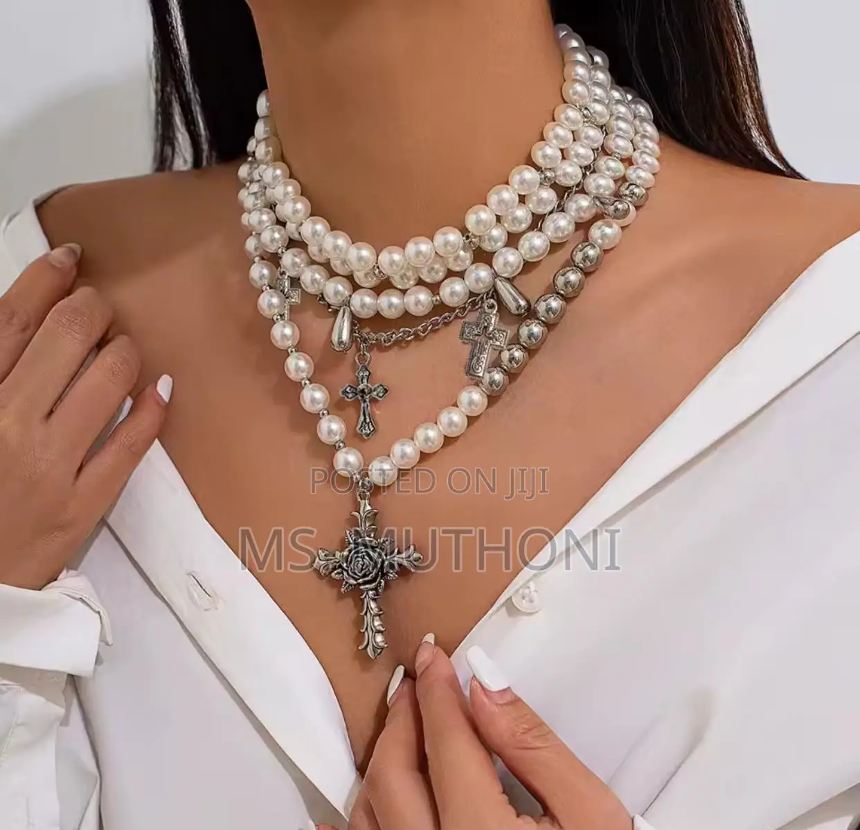 Ladies White Cross Pendants Multilayed Pearl Necklace