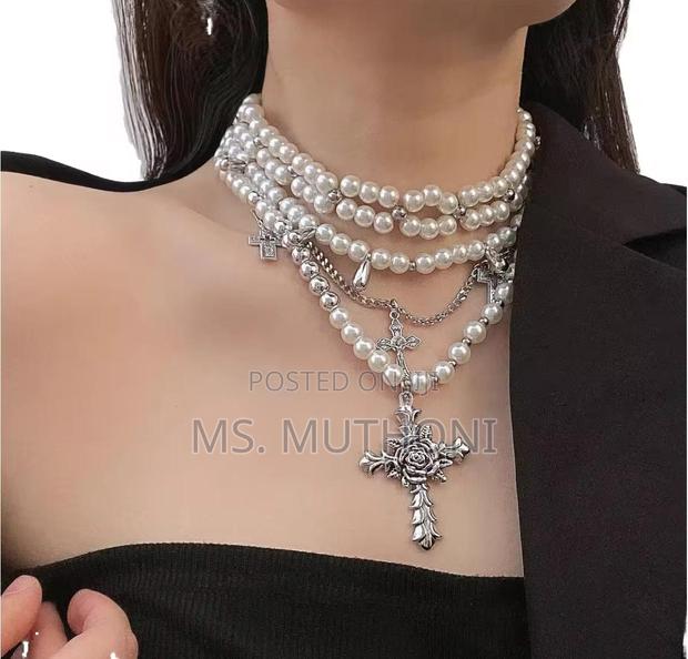 Ladies White Cross Pendants Multilayed Pearl Necklace - thumbnail 5