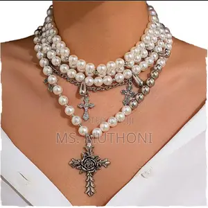 Ladies White Cross Pendants Multilayed Pearl Necklace