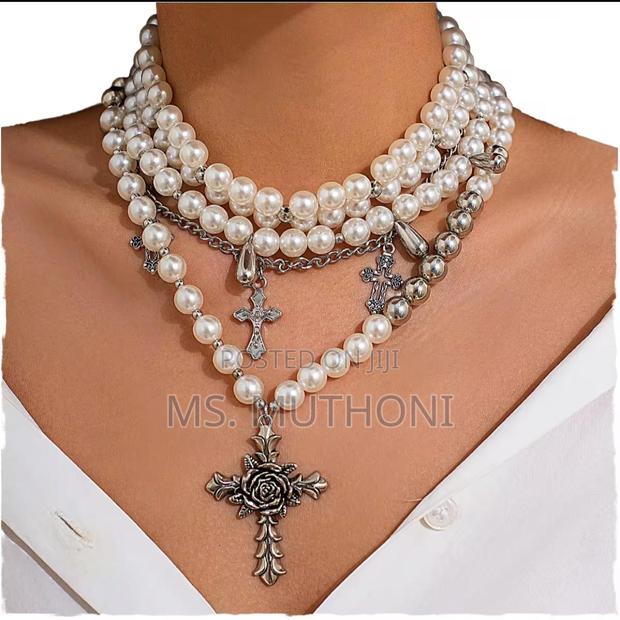 Ladies White Cross Pendants Multilayed Pearl Necklace - thumbnail 2