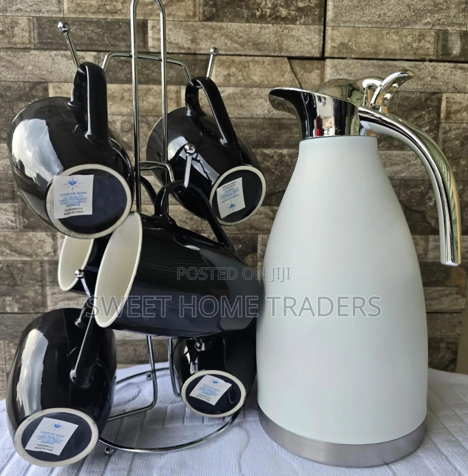 Tea Set ,1 White Flask and 6pcs Black Mug