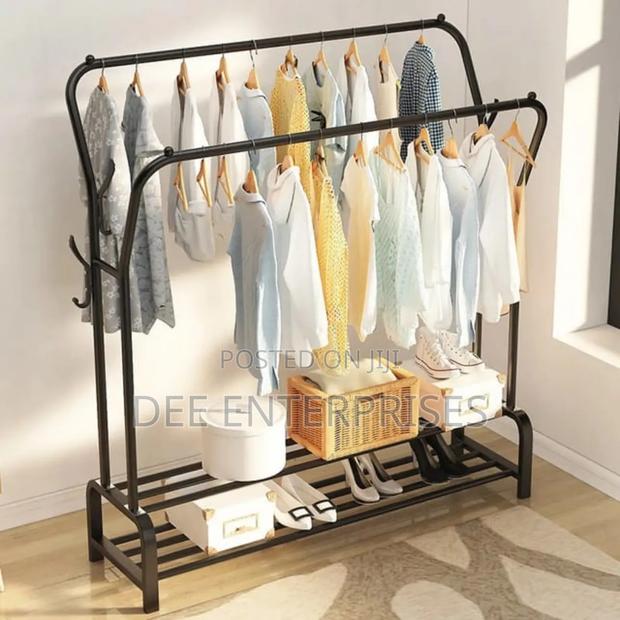 Curved Double Clothes Rack With 2 Bottom Shelf Storage - main view