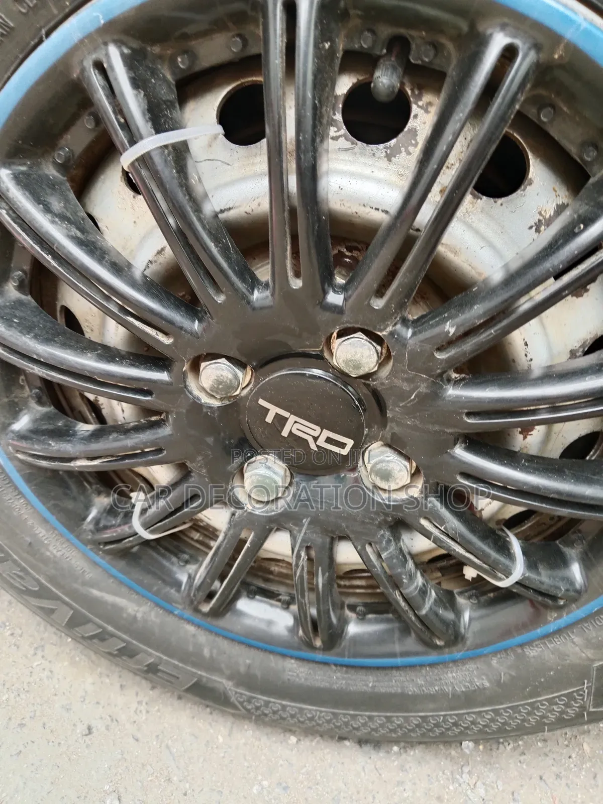 Car Rim Fitted With TRD Black Rim Centre Hub Stick Ons