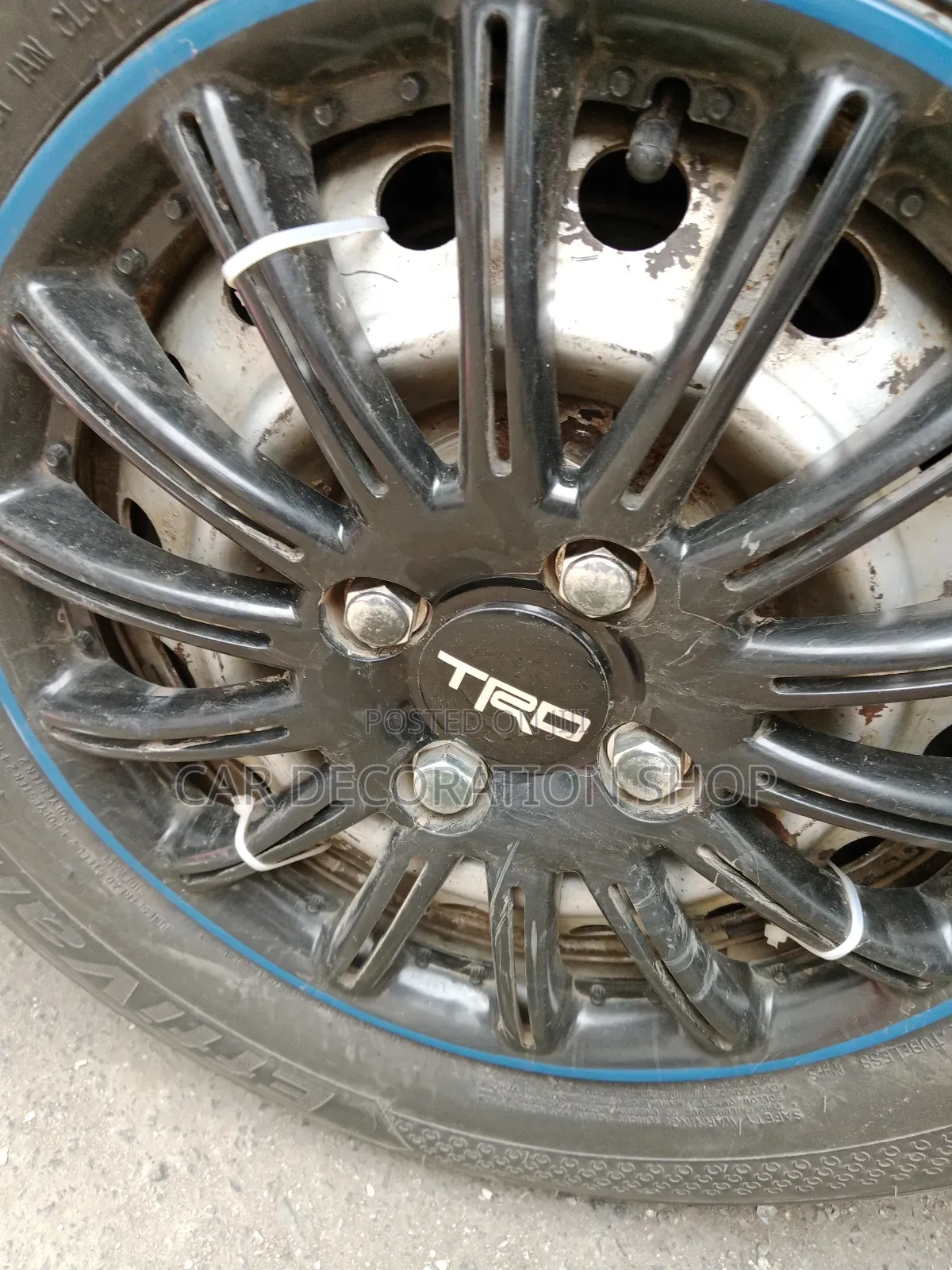 Car Rim Fitted With TRD Black Rim Centre Hub Stick Ons