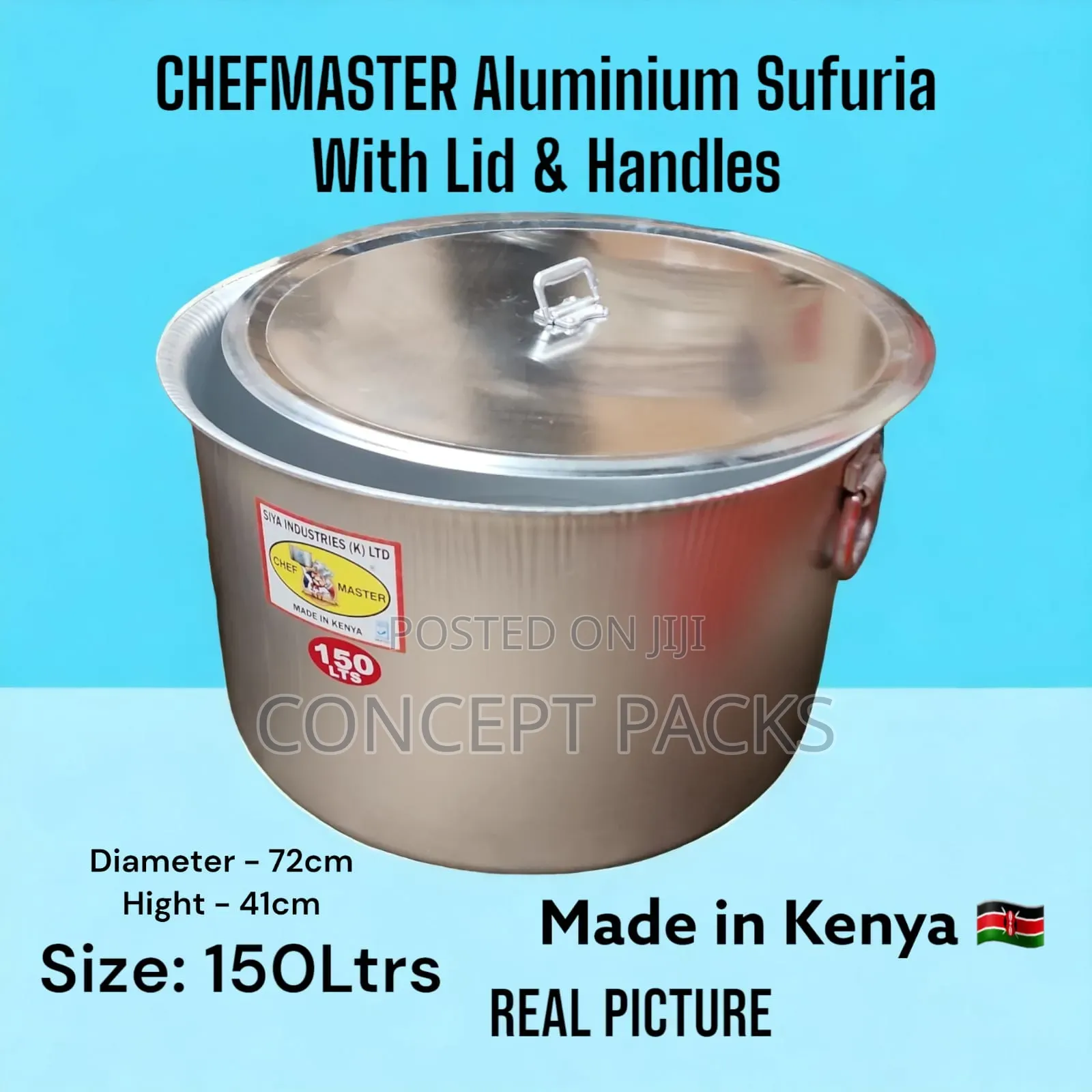 150ltr Chefmaster Aluminum Sufuria Handles Lid Extra Heavy