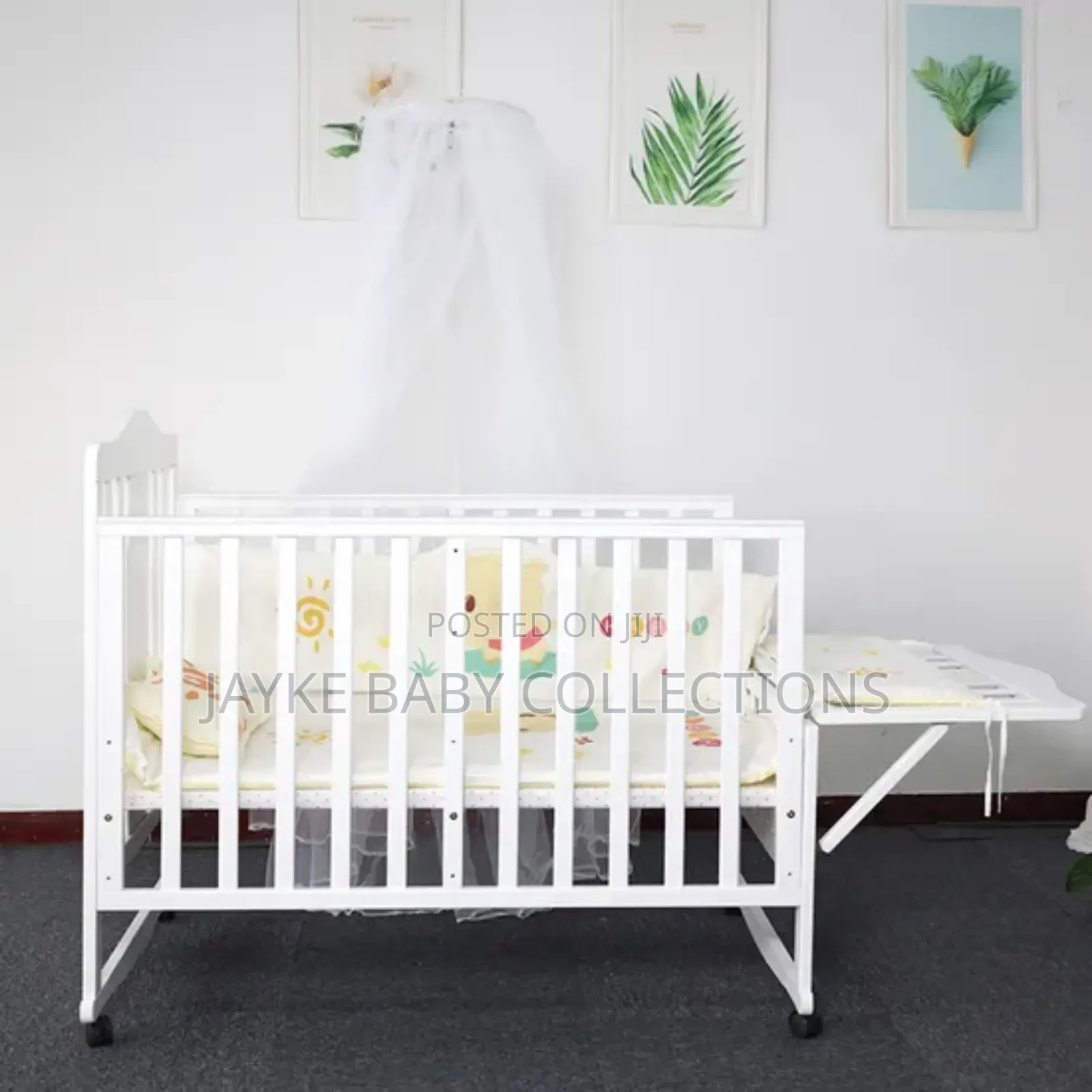 Wooden Baby Cot Bed With Mosquito Net + Side Table