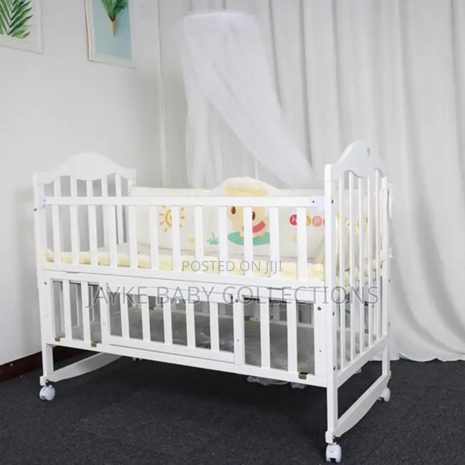 Wooden Baby Cot Bed With Mosquito Net + Side Table