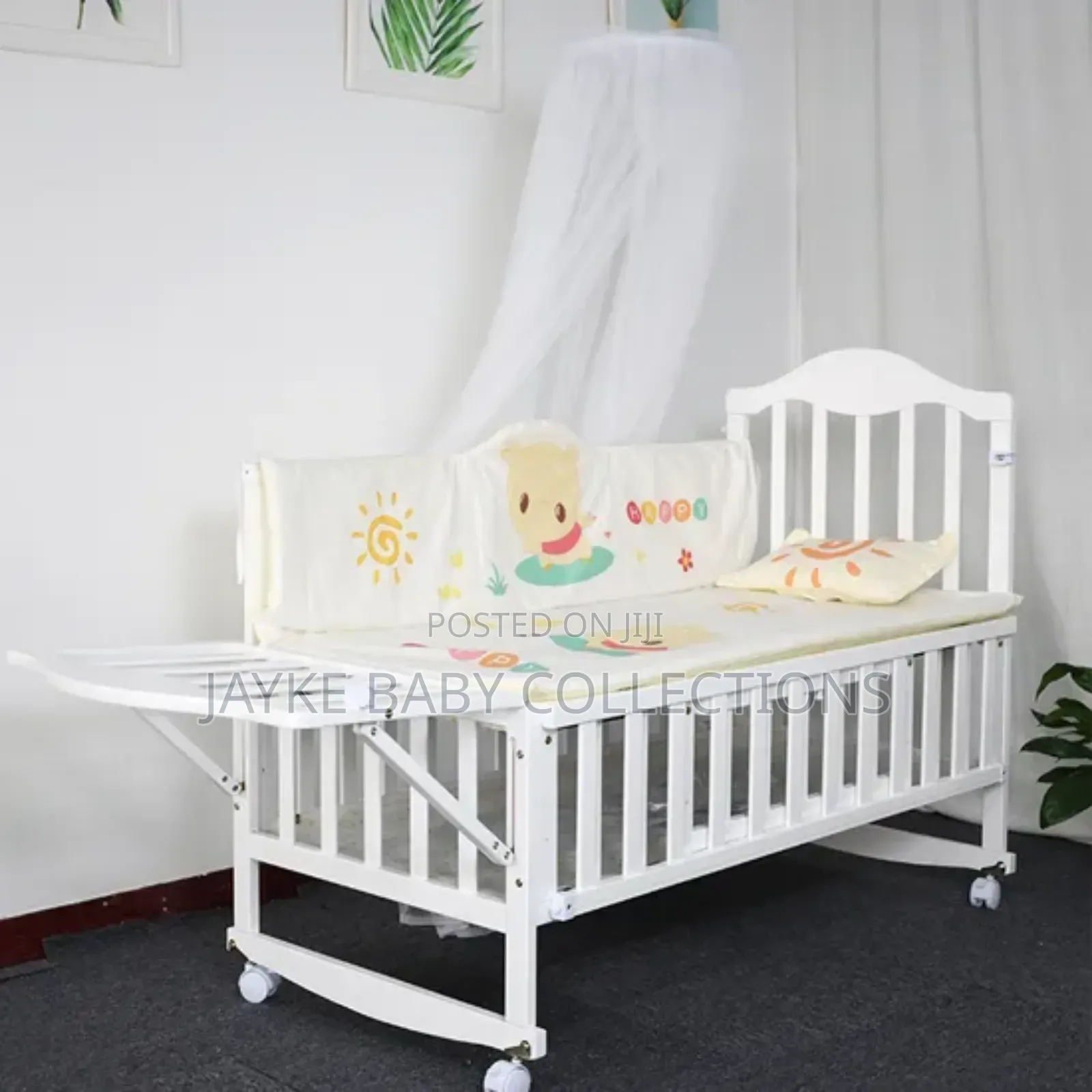 Wooden Baby Cot Bed With Mosquito Net + Side Table