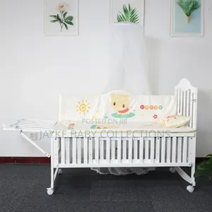 Wooden Baby Cot Bed With Mosquito Net + Side Table