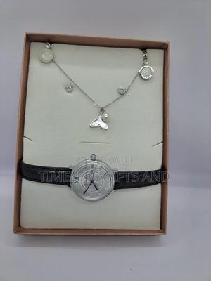 Black Leather Watch Silver Jewelry Gift Set