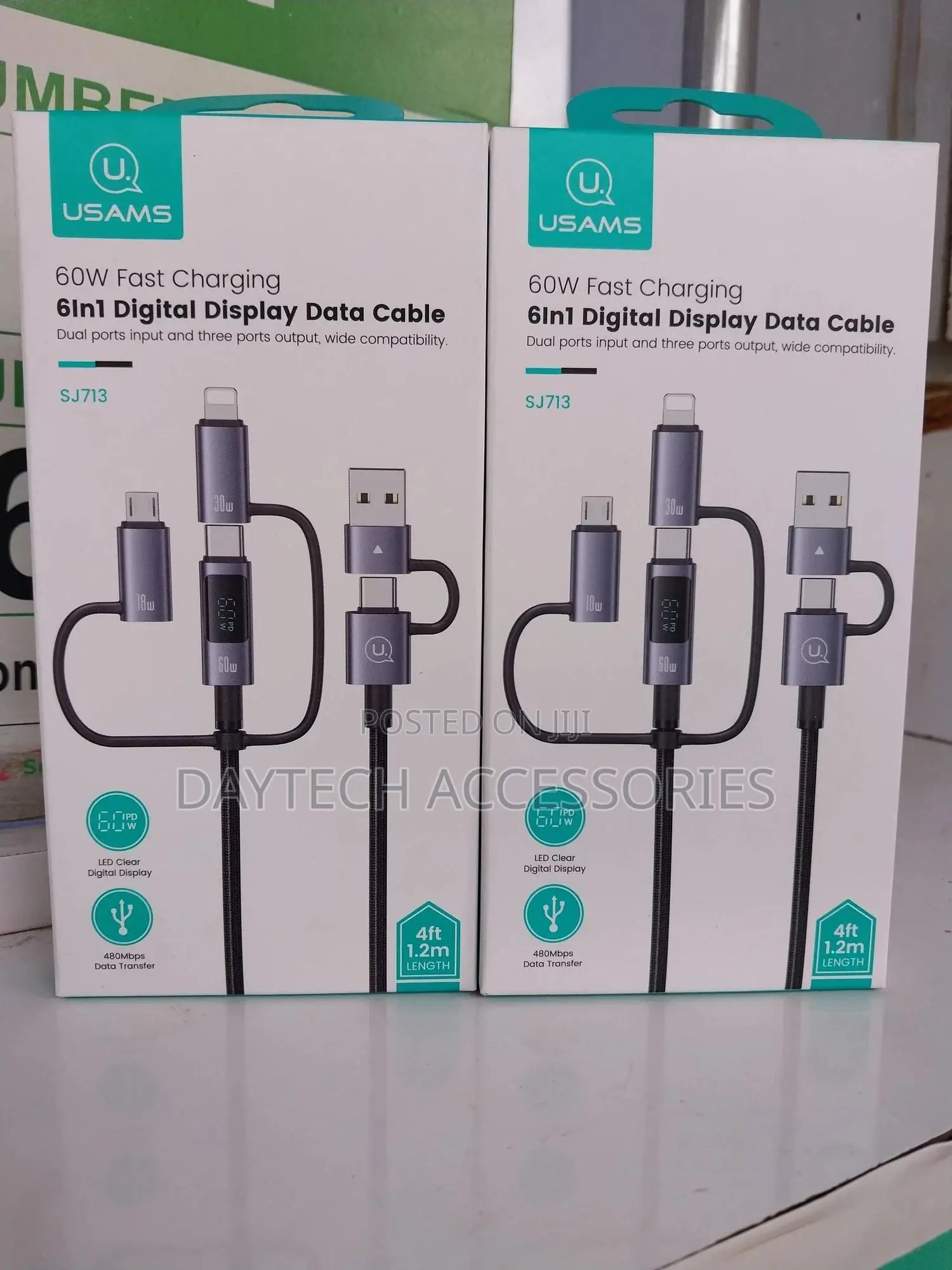Usams 6-in-1 Fast Charging Cable 60w, 1.2m Long,