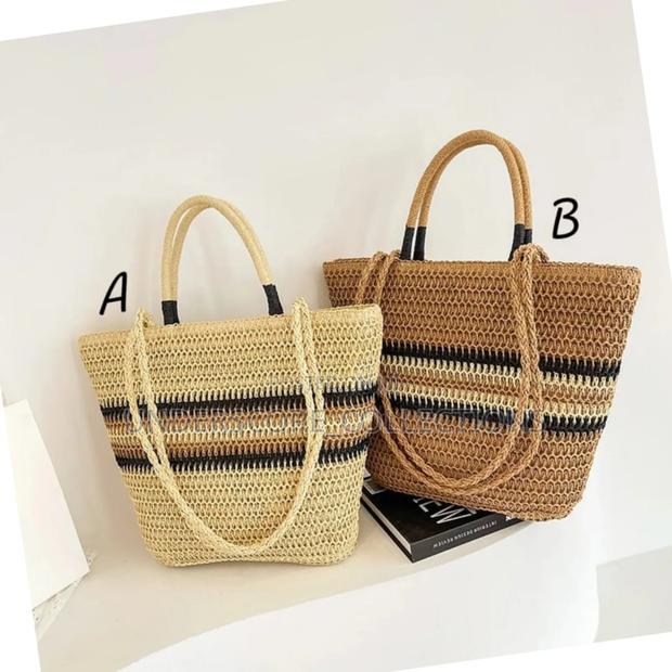 *French Color Block Woven Tote Bag* Size: 43×9×16cm - thumbnail 2