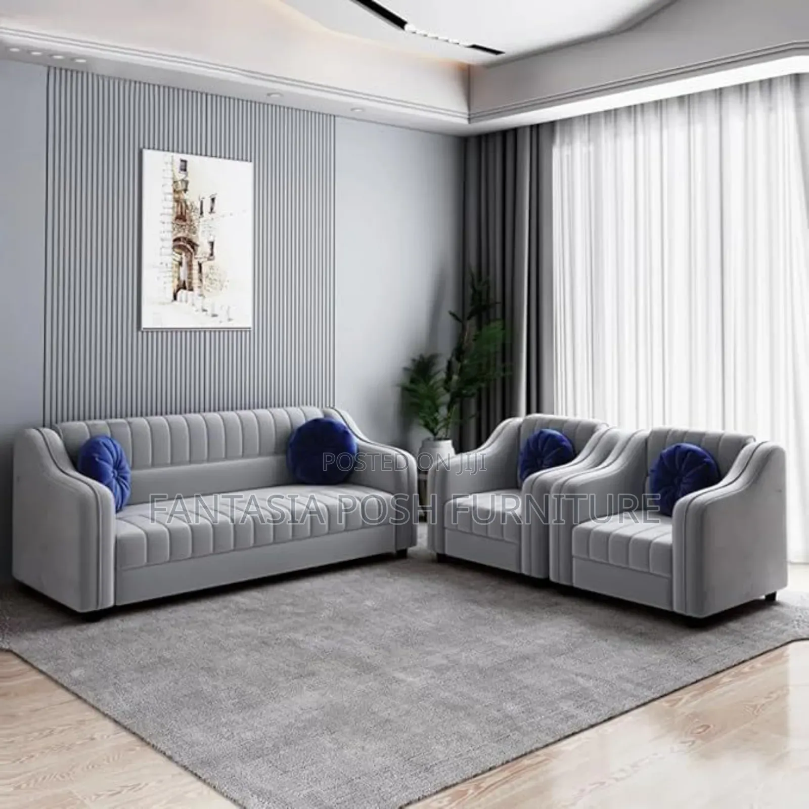 Modern Grey Sofa + Blue Small Pillows - Pay on Delivery