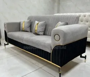 3 Seater Grey and Black Sofa With Gold Accents - New Stock