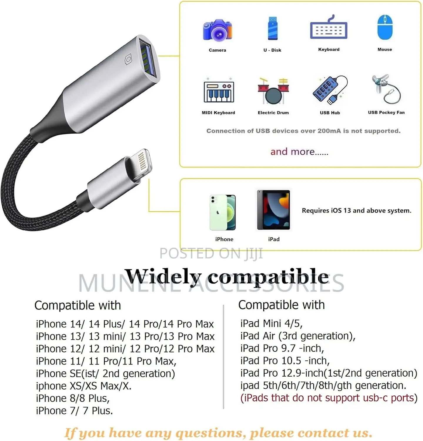 Lightning to Usb Camera Adapter for iPhone Ios Otg Cable