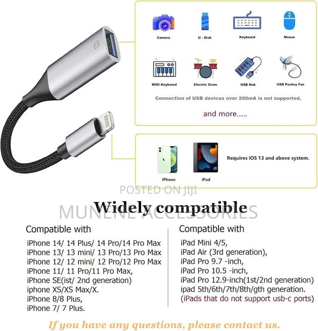 Lightning to Usb Camera Adapter for iPhone Ios Otg Cable - thumbnail 3