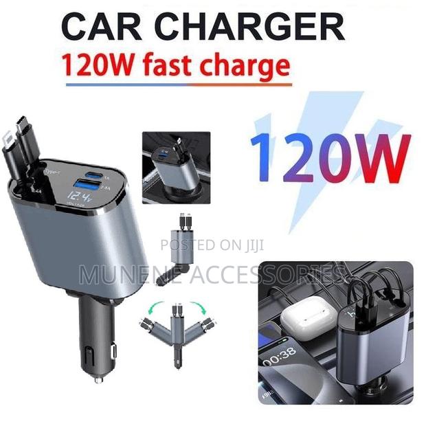 Retractable Car Phone Fast Charger 120watts 4in1 Usb C Lightning Cable