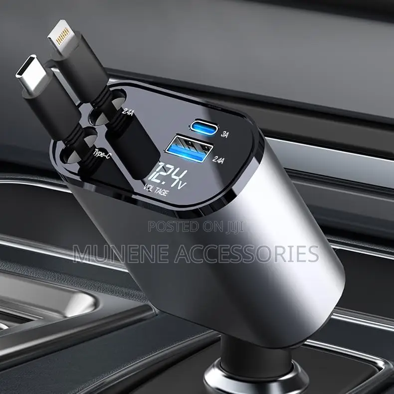 Retractable Car Phone Fast Charger 120watts 4in1 Usb C Lightning Cable