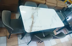 Classic Marble Top Dining Table Set With 6 Leather Chairs.