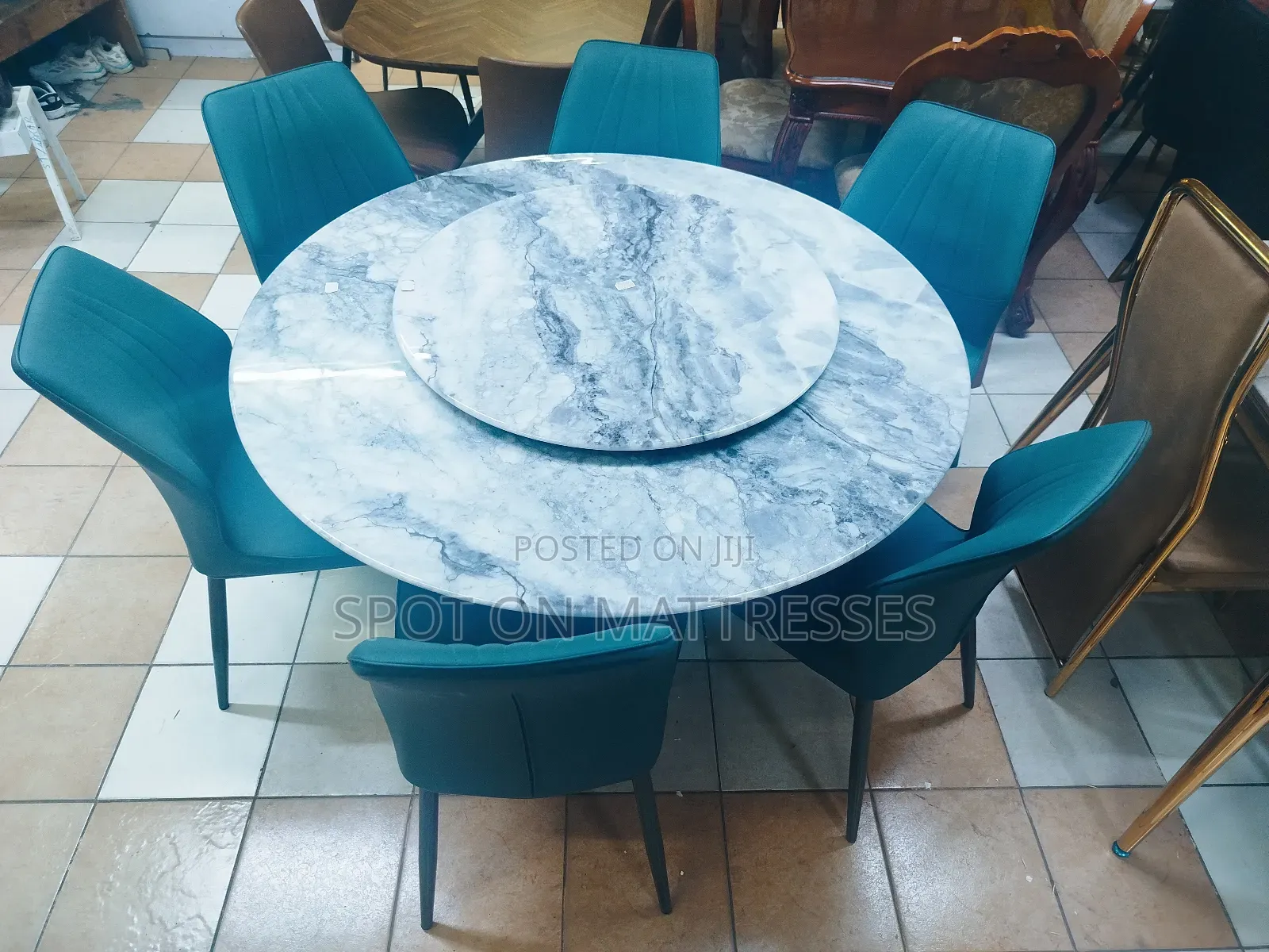 Spinning Marble Top Dining Set With 6 Leather Chairs + Free Delivery