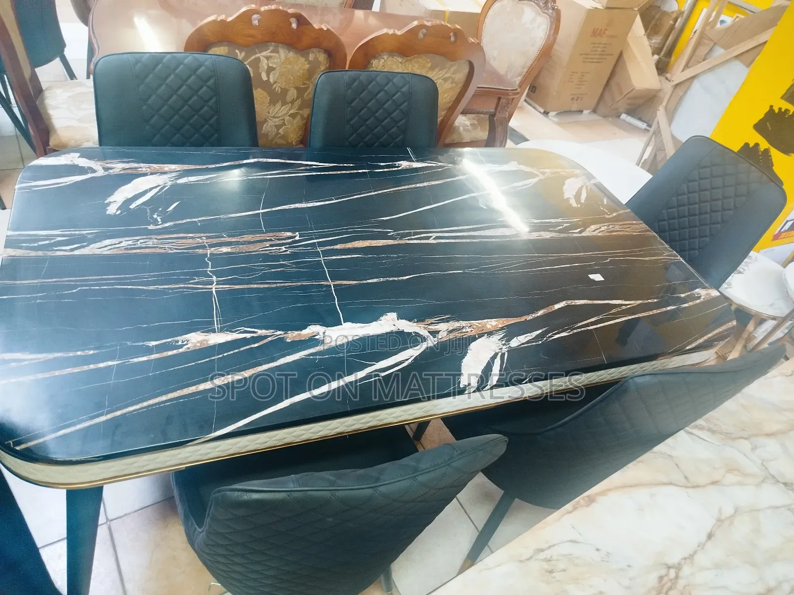 15% Off - Classic Marble Top Dining Table Set With 6 Leather Chairs.