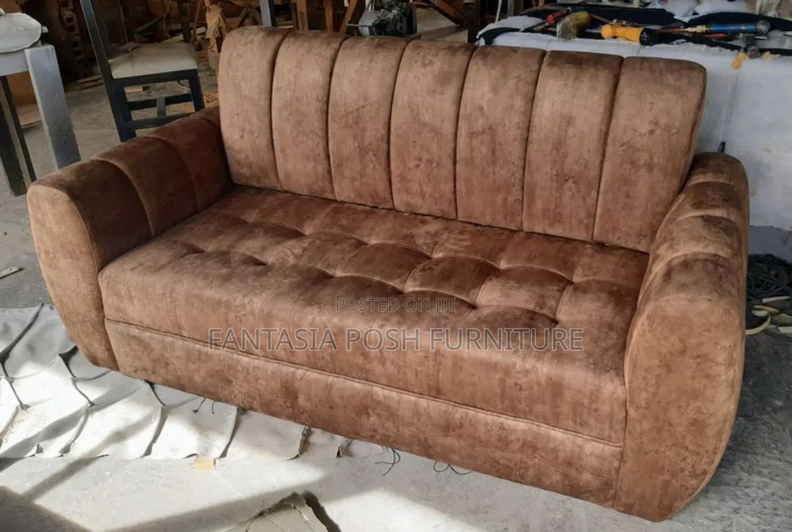 3-Seater Brown Curved-Arm Sofa