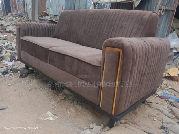 3-Seater Brown Sofa With Yellow Trim
