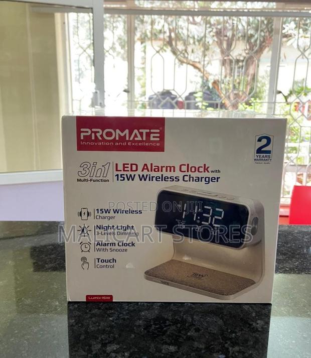 Promate 3-in-1multi-Function Led Alarm Clock With 15w Wireless Charger