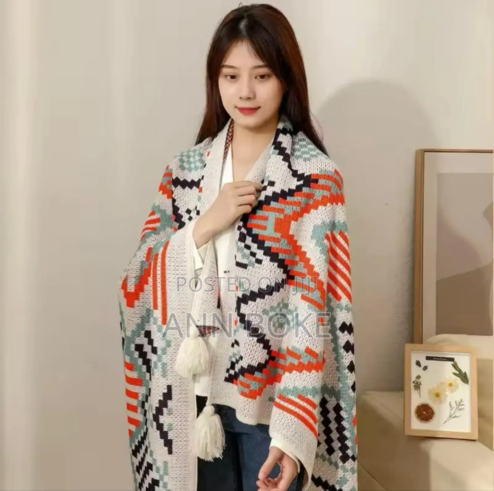 * Nordic Throw Blanket - Knitted With Pom Pom Fringe Form*