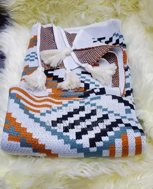 * Nordic Throw Blanket - Knitted With Pom Pom Fringe Form*