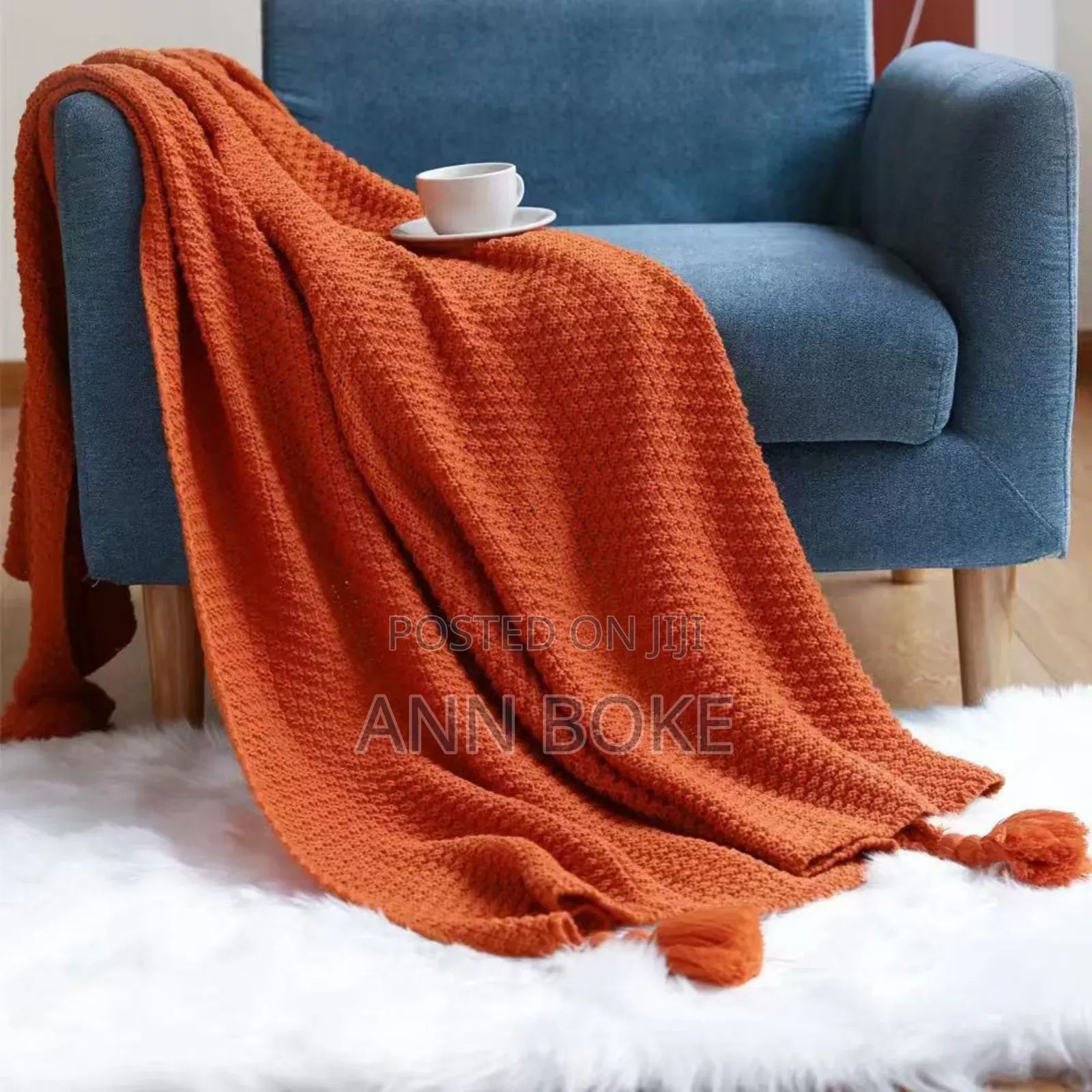 * Nordic Throw Blanket - Knitted With Pom Pom Fringe Form*
