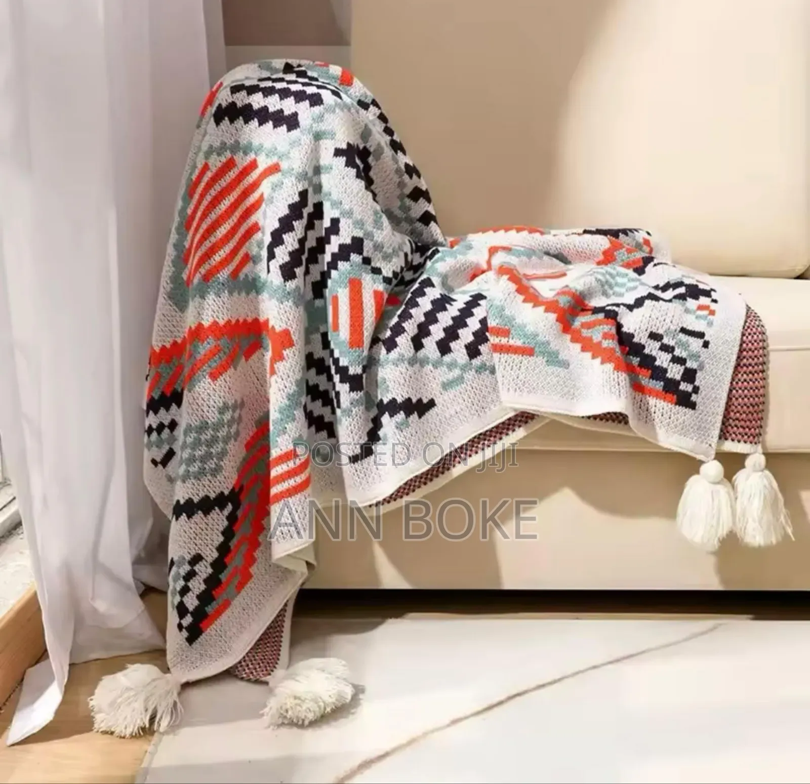 * Nordic Throw Blanket - Knitted With Pom Pom Fringe Form*