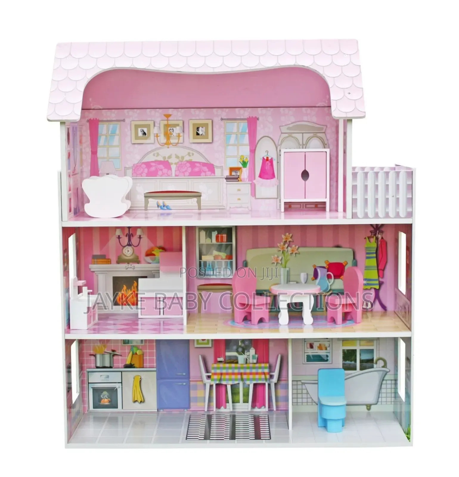 3-Tier Wooden Dollhouse Playset With Furniture