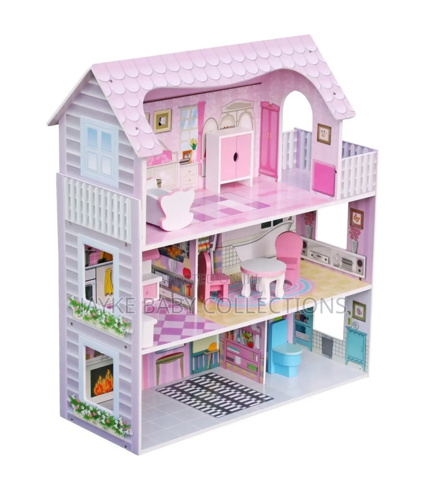3-Tier Wooden Dollhouse Playset With Furniture